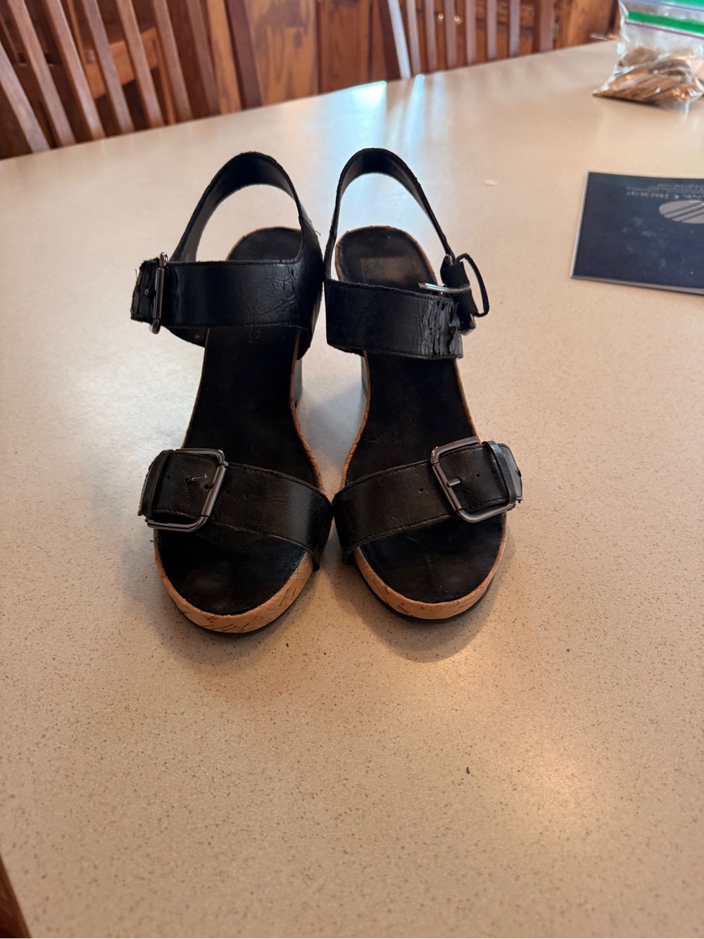 AEROSOLES Black Buckle Cork Wedge Sandals
